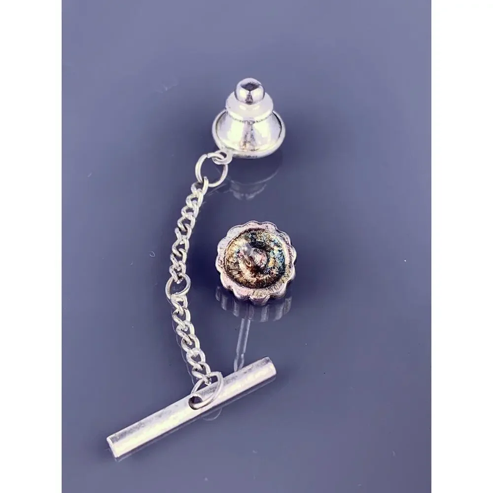Rhinestone & Obsidian Silver Plated Tie Tack Pin Round White Black Vintage